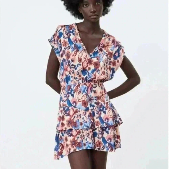 Zara Women’s Watercolor And Ikat Asymmetrical Hem Dress Ruffle Detail NWT Small - Picture 1 of 5